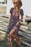 Floral Buttoned Drawstring Midi Dress - Bohemian Midi Dress Midi Dress