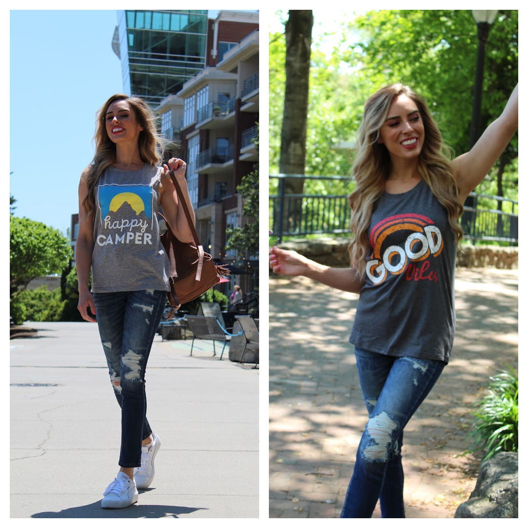 Pair of Summer Tank Tops - 2 Tank Tops - Good Vibes and Happy Camper Tshirt Combo Pack