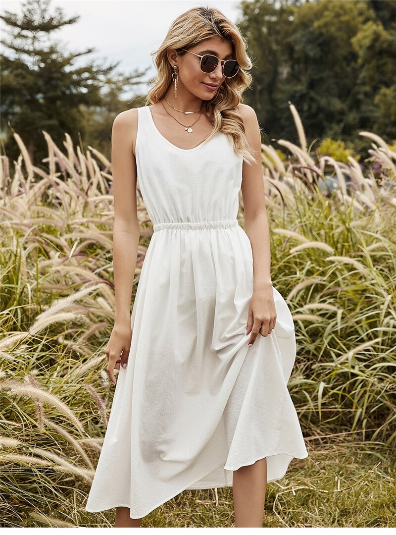 Hello Sweetheart White Cotton Linen Casual Day Dress