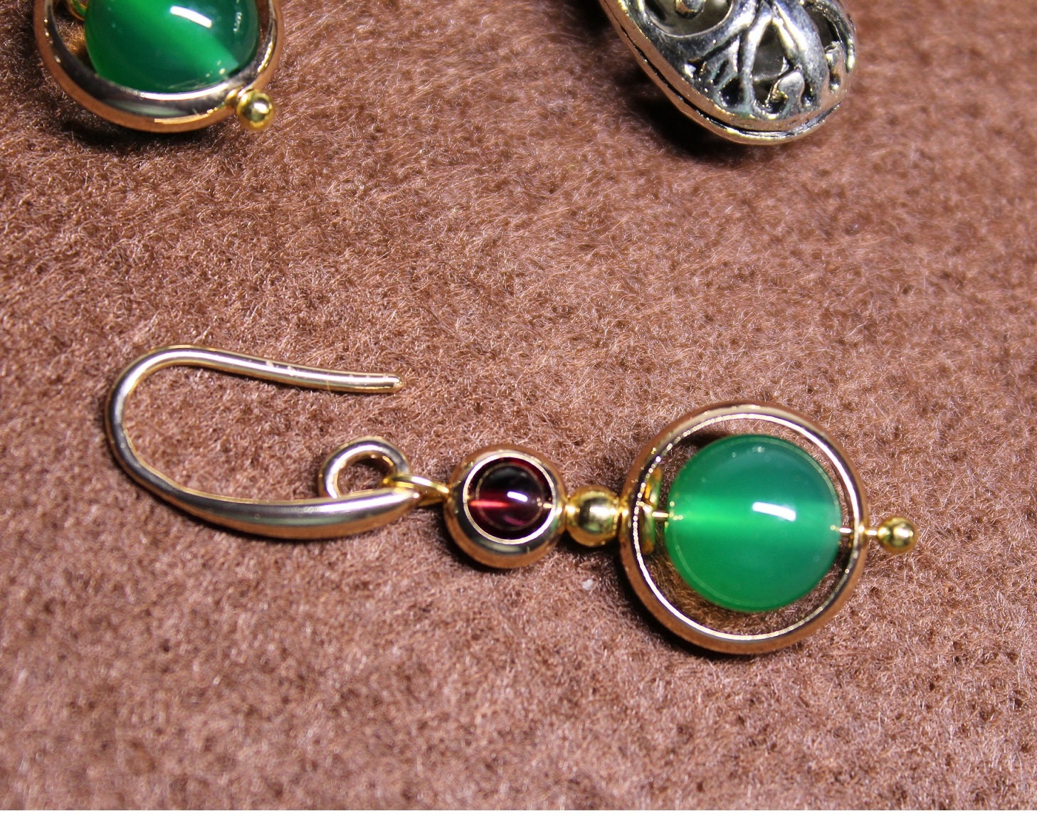 Handmade 14K Gold Plated Garnet and Green Stone Earrings