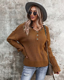 Fall Sweater - Women Fall Clothing, Autumn Dream Brown V-neck Button Solid Color Long Sleeve Sweater