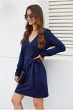 Autumn Casual Long Sleeve Belted Dress / Fall Dress / Blue Dress