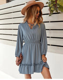 Cottagecore Long Sleeve Ruffle Hem Mini Dress, Spring Long Sleeve Dress, Bohemian Long Sleeve Mini Dress