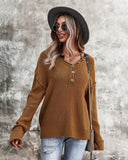 Fall Sweater - Women Fall Clothing, Autumn Dream Brown V-neck Button Solid Color Long Sleeve Sweater