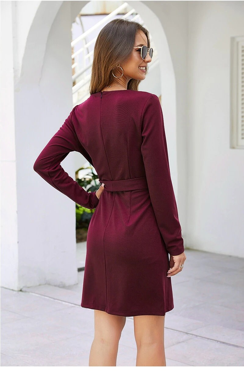 Fall Clothing Dress, Autumn Casual Long Sleeve Belted Dress / Fall Dress / Burgundy Dress