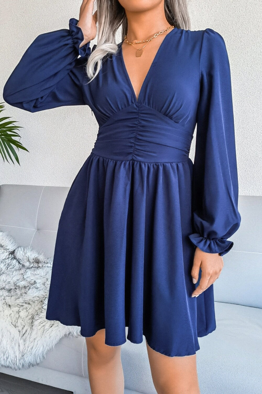 Dark Blue Ruched Mini Dress with Deep V Neck / Cocktail Party Dresses | Dresses for Women