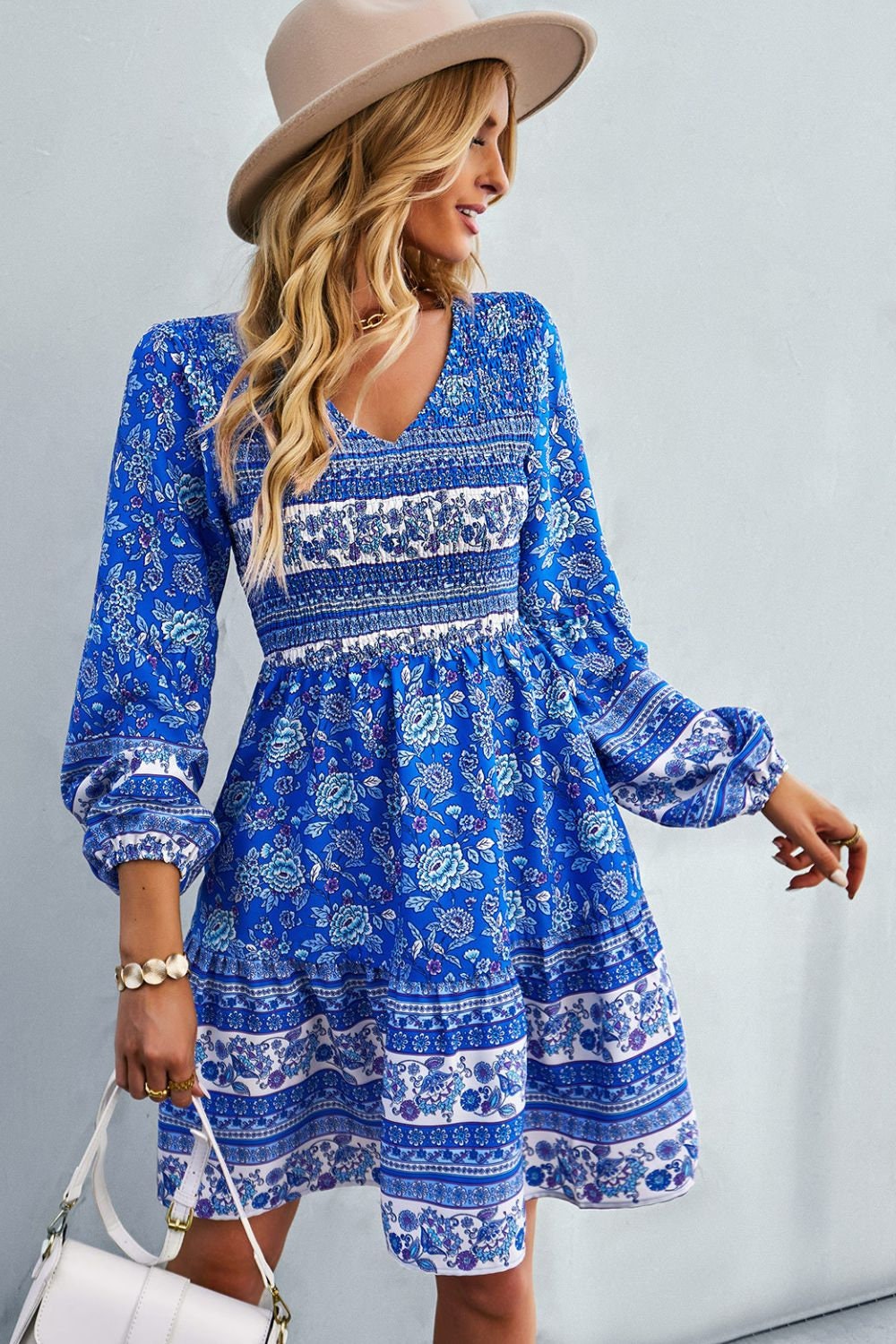 Bohemian Blue Floral Print Mini Dress - Boho Dresses for Women - Summer Dress for women - summer boho dress - Fall Dress