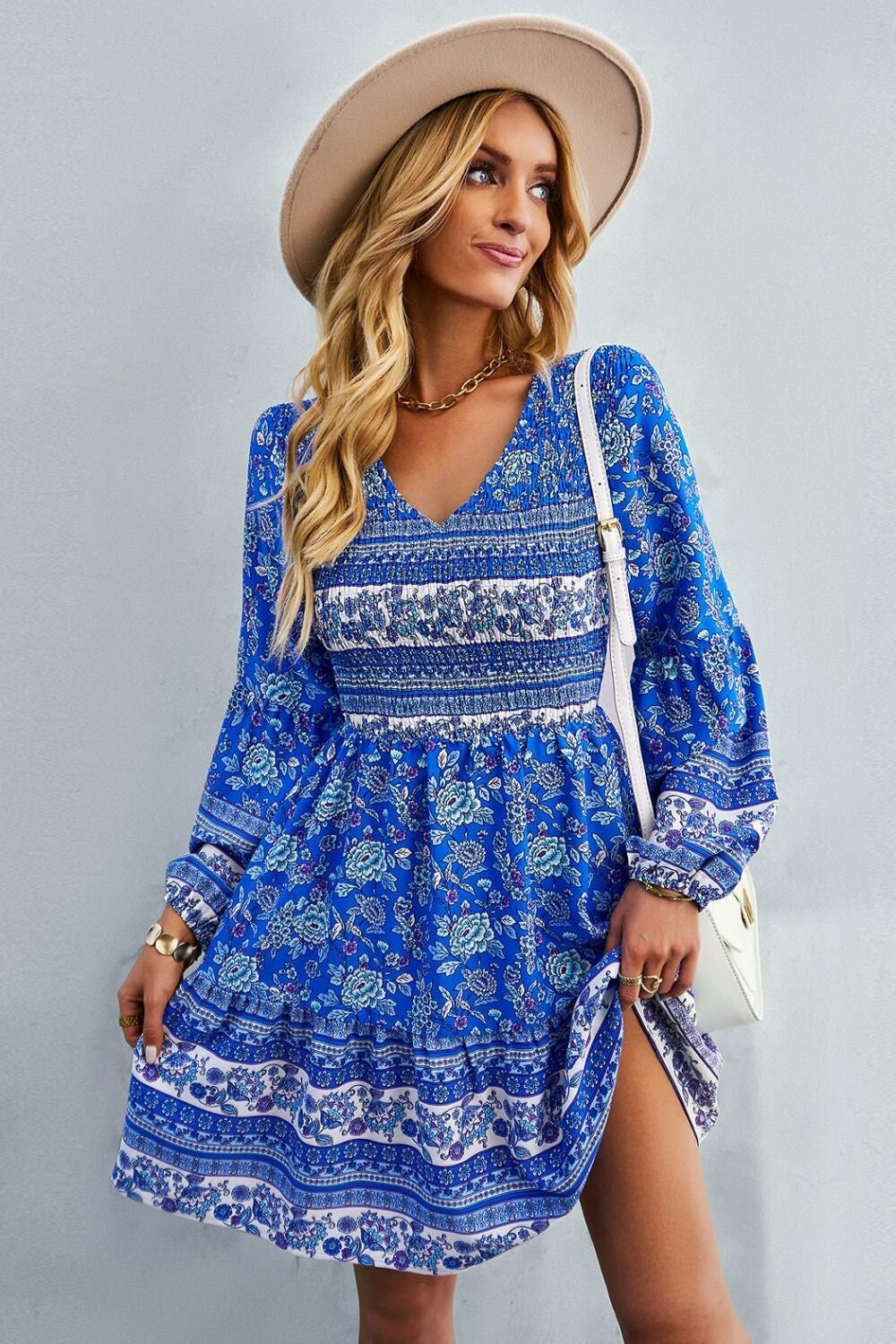 Blue Floral Three Quarter Sleeve Bohemian Dress with Belt - – Chic Boho  Style