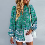 Bohemian Print Button-Up Long Sleeve Top - Boho Shirt for Women - Summer Blouse