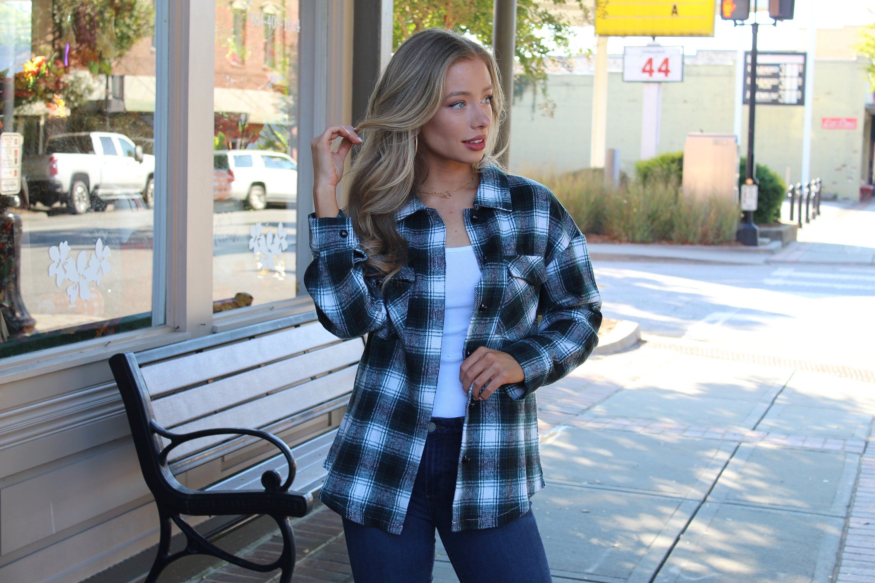 Plaid Teal Button Down Flannel Shirt Jacket with Curved Hem