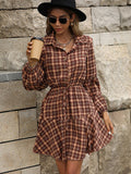 Plaid Tiered Long Sleeve Button Front Mini Dress with Drawstring -  Fall Party Dresses - Boho Dresses for Women