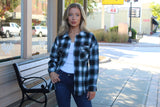 Plaid Teal Button Down Flannel Shirt Jacket with Curved Hem