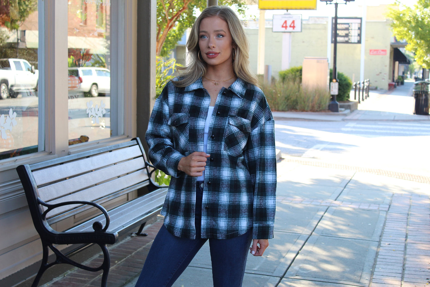 Plaid Teal Button Down Flannel Shirt Jacket with Curved Hem