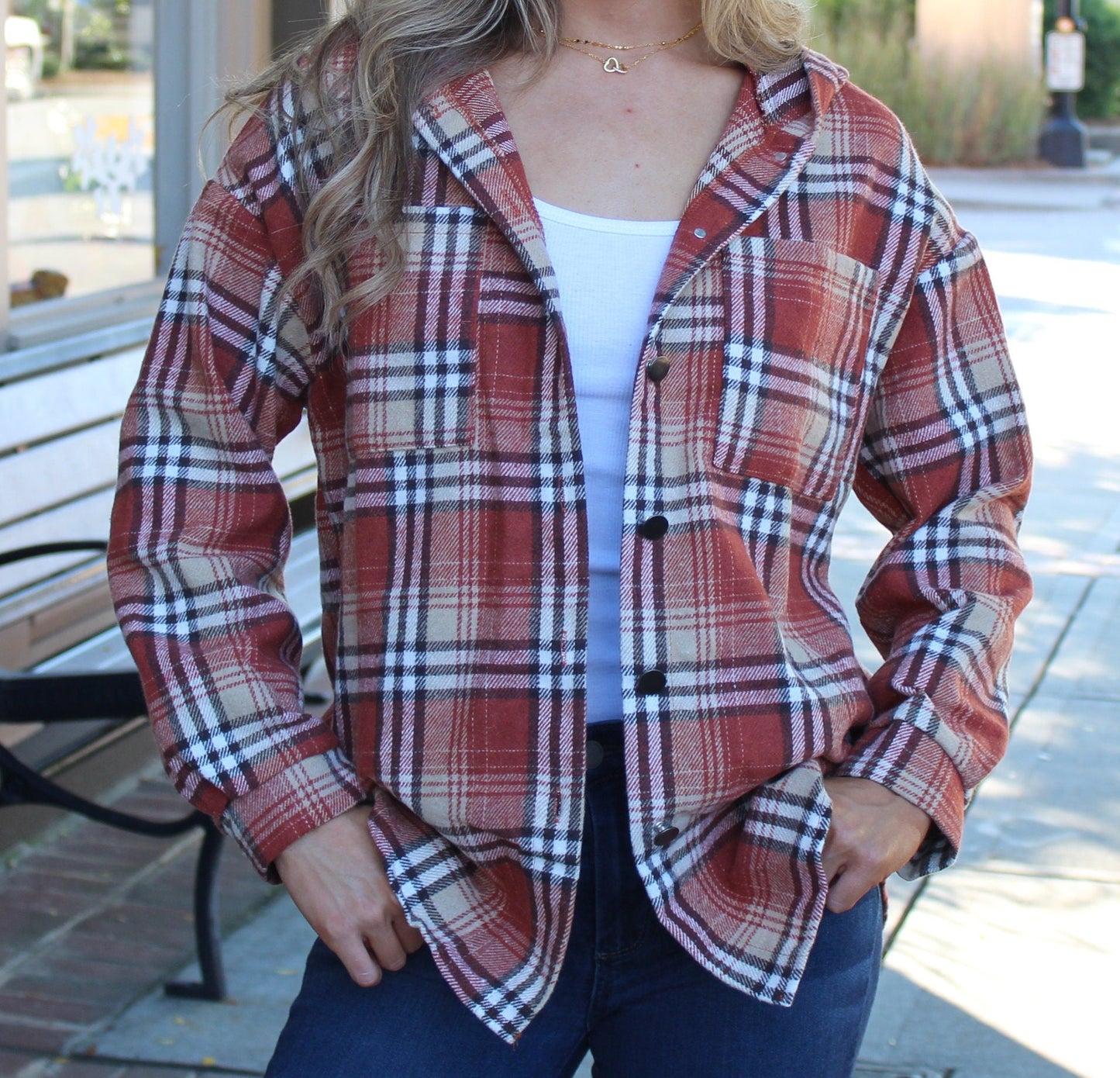 Flannel Button Down Hooded Shirt Coat / Plaid Button Down Shirt / Fall and Winter Shirt / Shirt Jacket