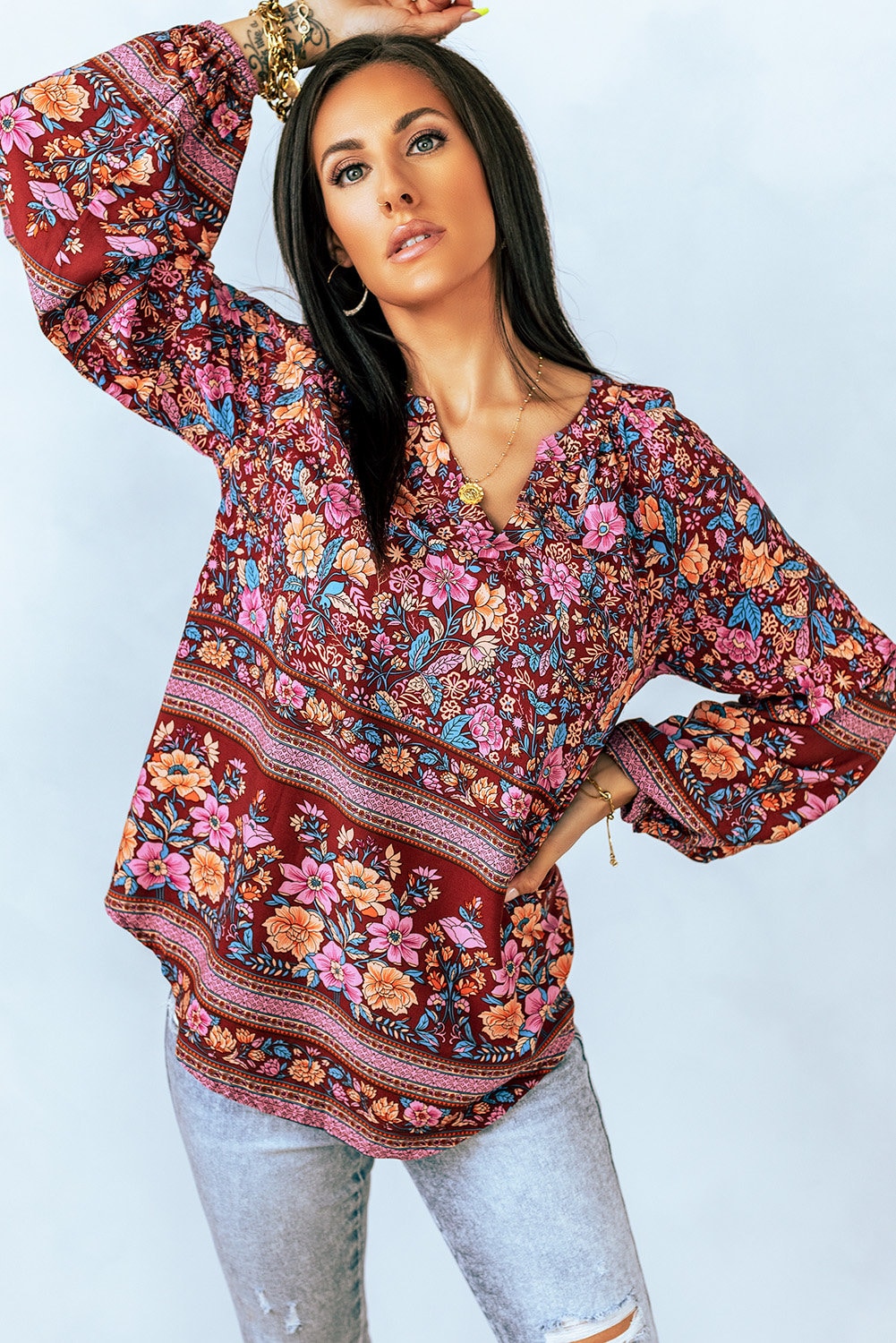 Bohemian Floral Print Long Sleeve Top - Autumn Blossom Boho Shirt for Women - Summer Blouse - Fall Boho Top
