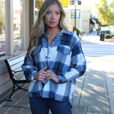 Women Plaid Flannel Shirt Jacket - Button Down Flannel Shirt Jacket with Curved Hem - Plaid Button Down Flannel Shirt Jacket
