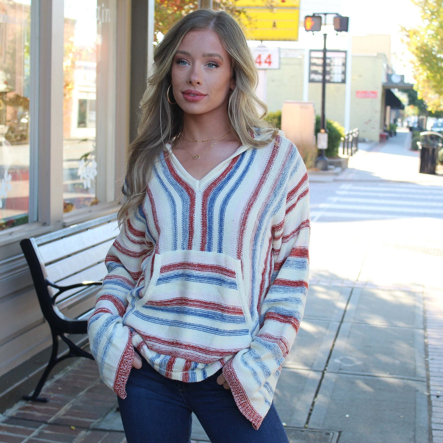 Hooded Striped Sweater with Kangaroo Pockets - Cozy Warm  sweater - Hooded Knit Sweater - Bohemian Sweater