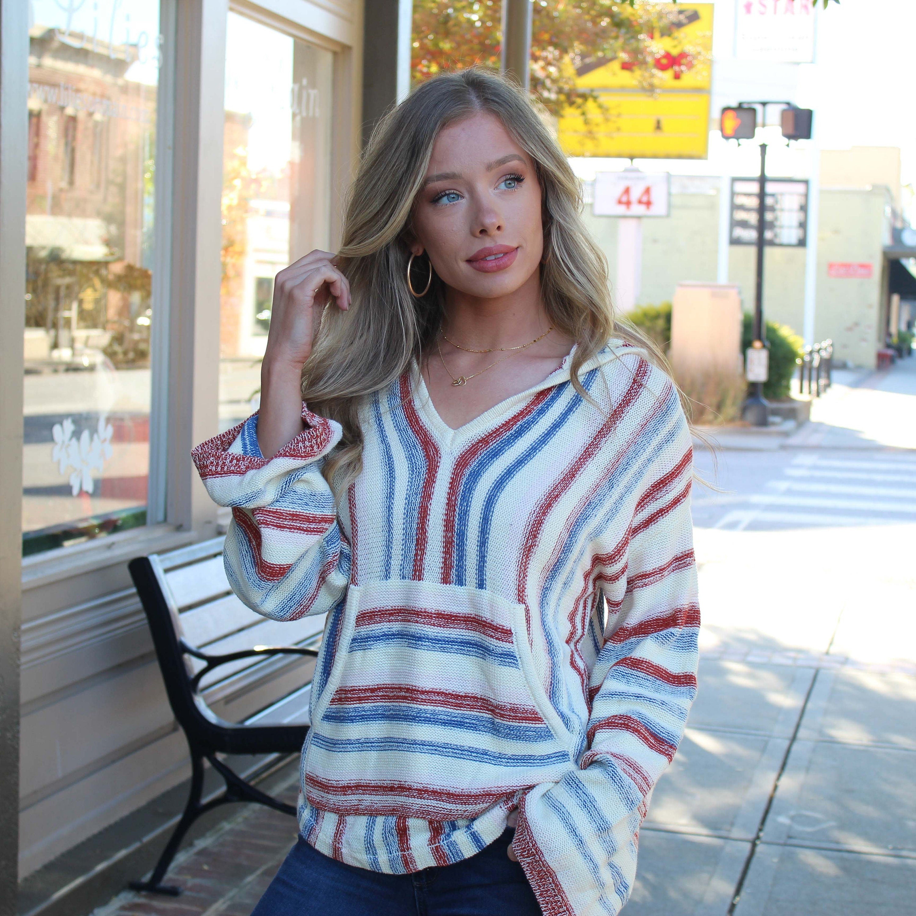 Hooded Striped Sweater with Kangaroo Pockets - Cozy Warm  sweater - Hooded Knit Sweater - Bohemian Sweater