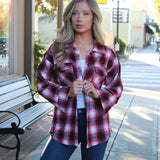 Plaid Flannel Shirt - Red Button Down Flannel Shirt Jacket with Curved Hem - Plaid Shirt Jacket with Front Pocket