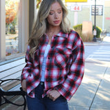 Plaid Flannel Shirt - Red Button Down Flannel Shirt Jacket with Curved Hem - Plaid Shirt Jacket with Front Pocket