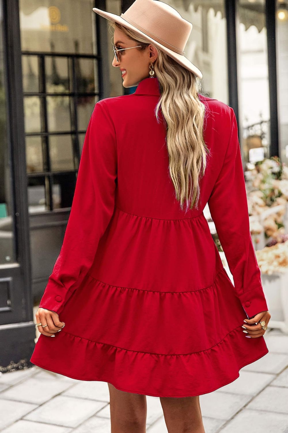 Long Sleeve Tiered Mini Dress with Decorative Button and Johnny Collar