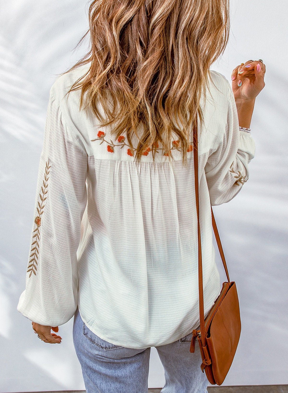 Bohemian Embroidered Blouse, Long Sleeve Blouse, White Tassel Tie Blouse