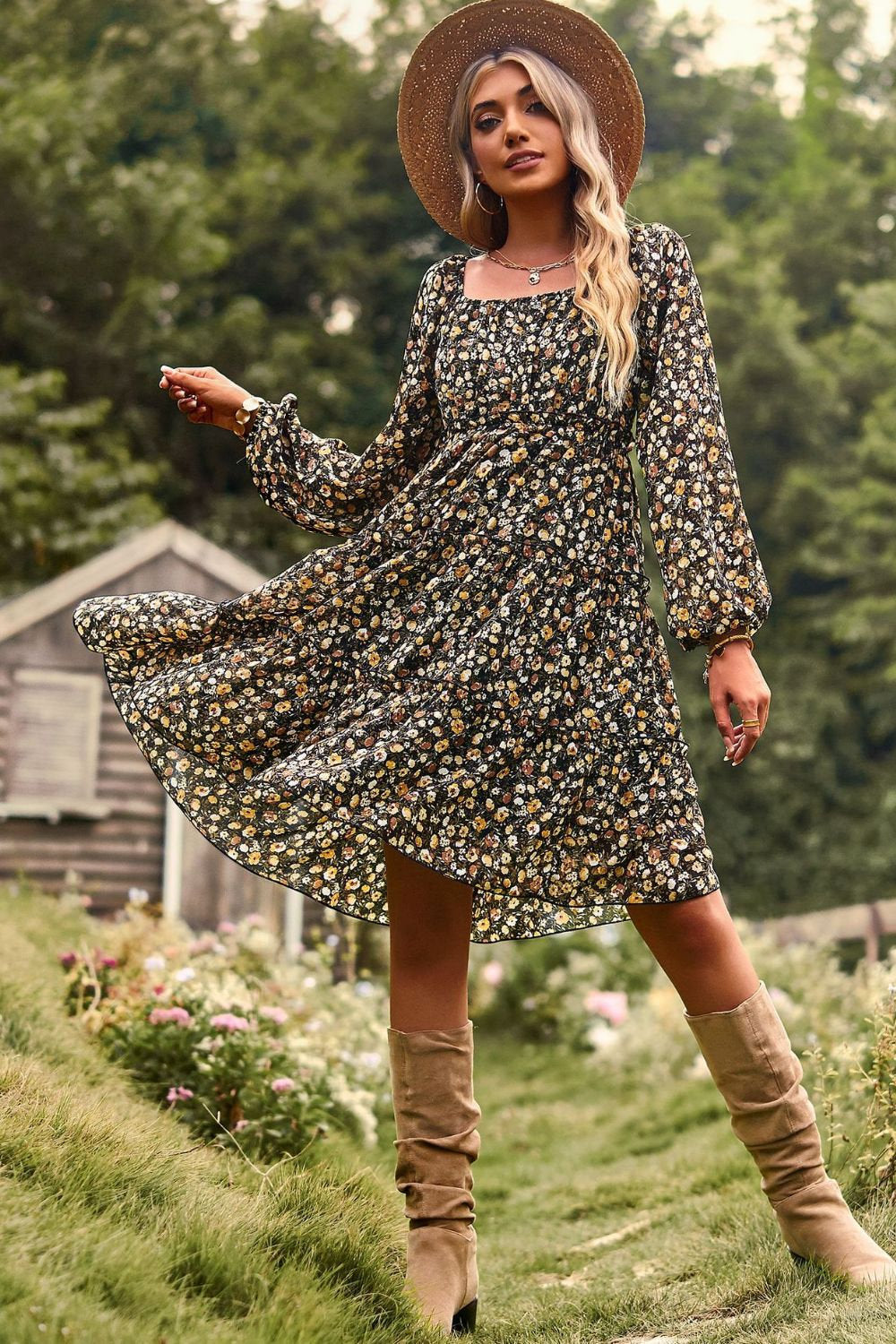 Fall Long Sleeve Spring Floral Tiered Dress, Bohemian Spring Dress, Tiered Floral Dress