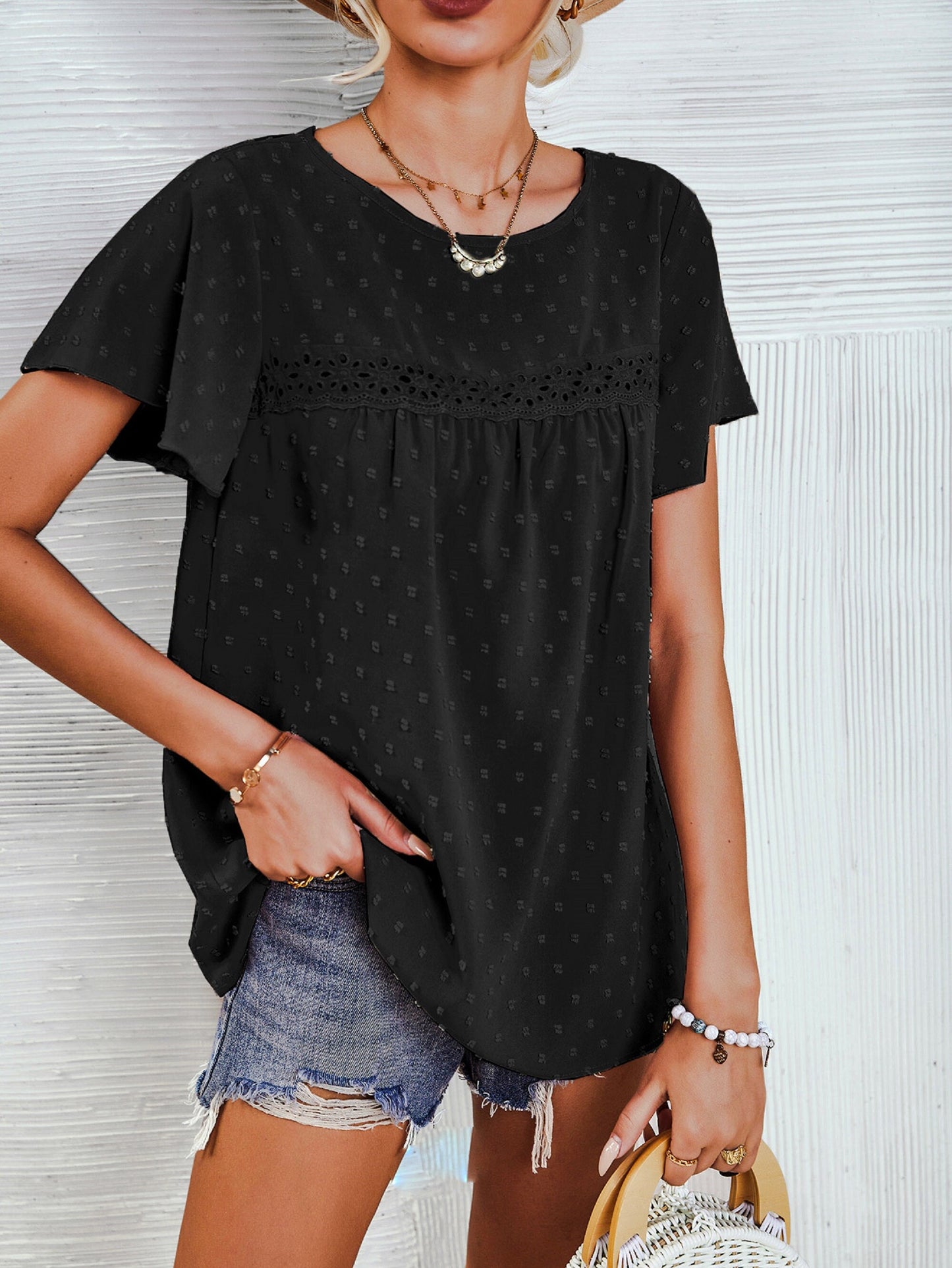 Lace Front Spring Summer Top, short sleeve Bohemian Spring Blouse - Summer Top