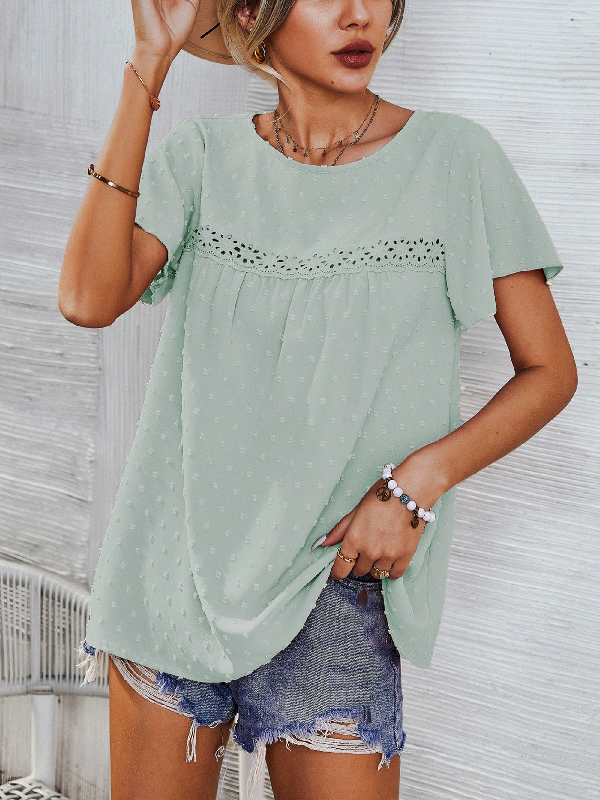 Lace Front Spring Summer Top, short sleeve Bohemian Spring Blouse - Summer Top