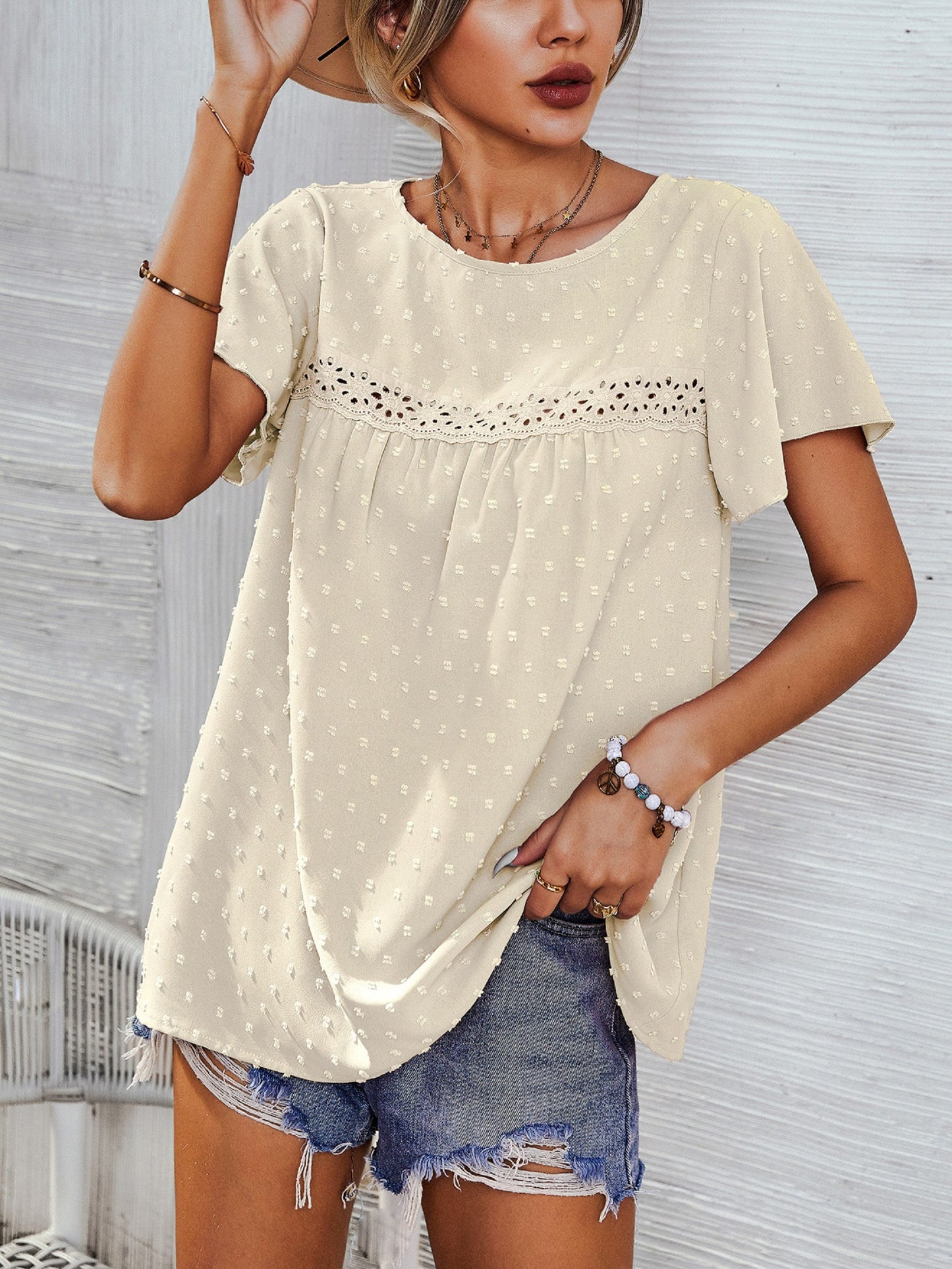 Lace Front Spring Summer Top, short sleeve Bohemian Spring Blouse - Summer Top