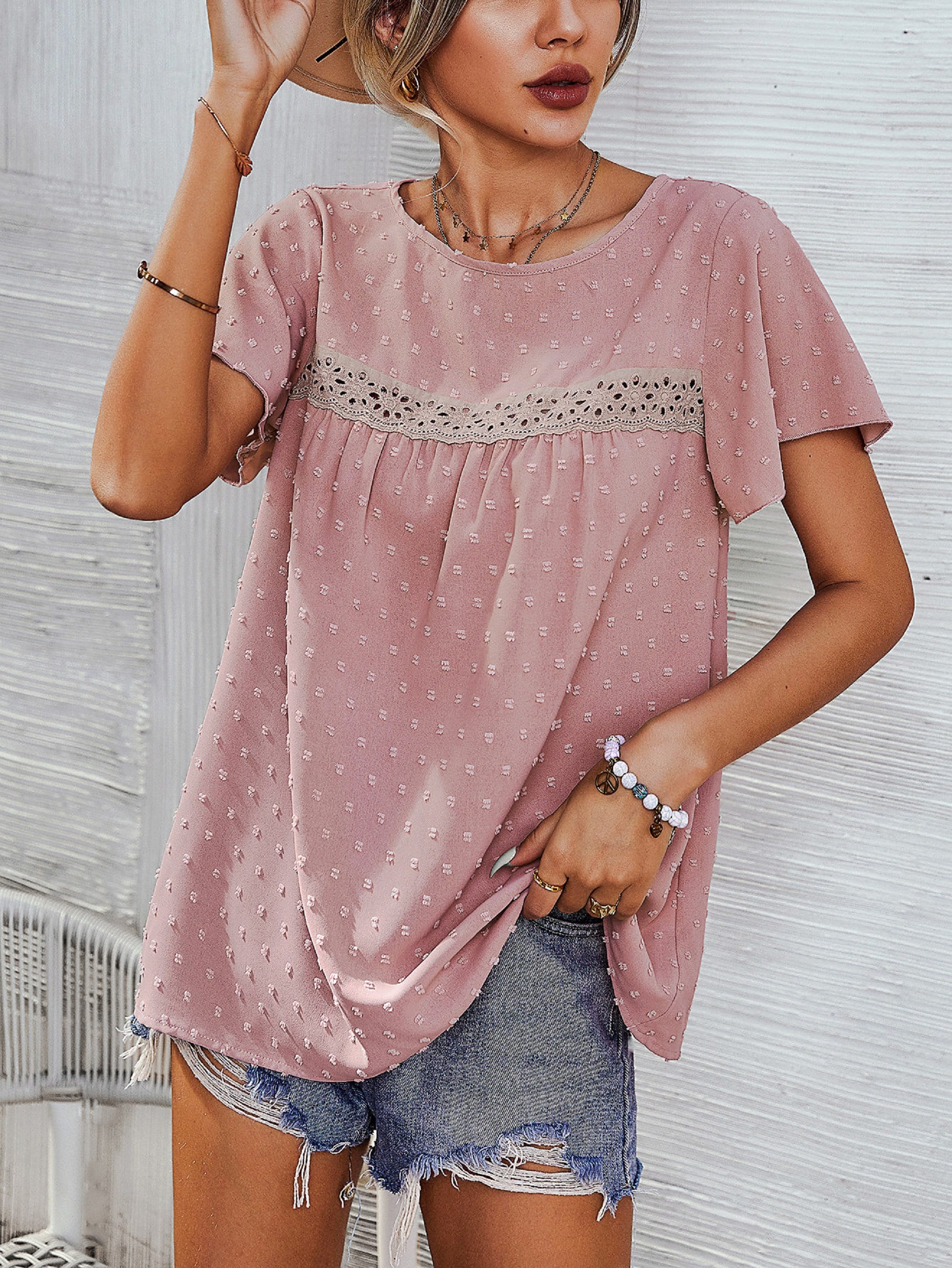 Lace Front Spring Summer Top, short sleeve Bohemian Spring Blouse - Summer Top