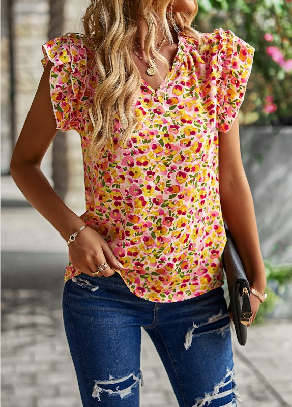 Bohemian Short Sleeve Floral Top for Spring and Summer - Beach Floral Top