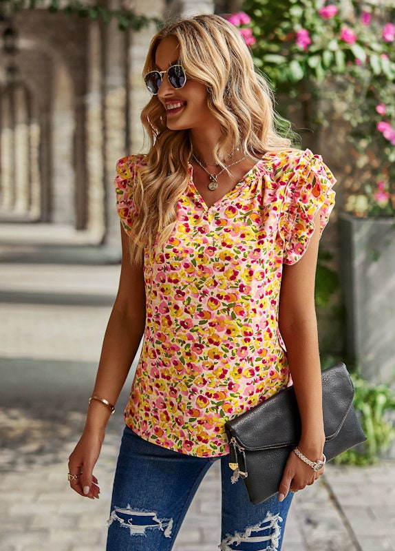 Bohemian Short Sleeve Floral Top for Spring and Summer - Beach Floral Top