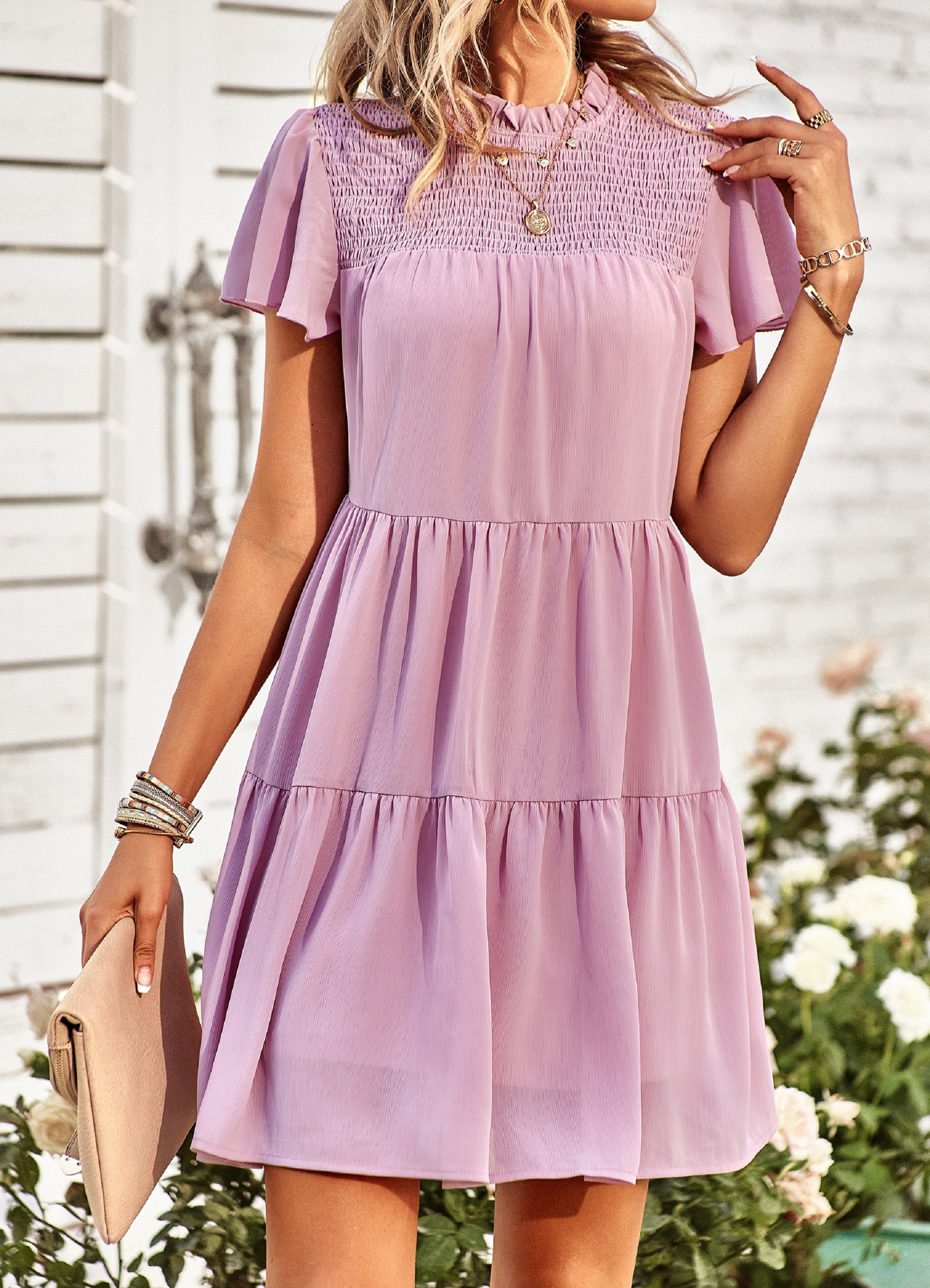 Bohemian Outsider Pink Summer Tiered Mini Women Dress