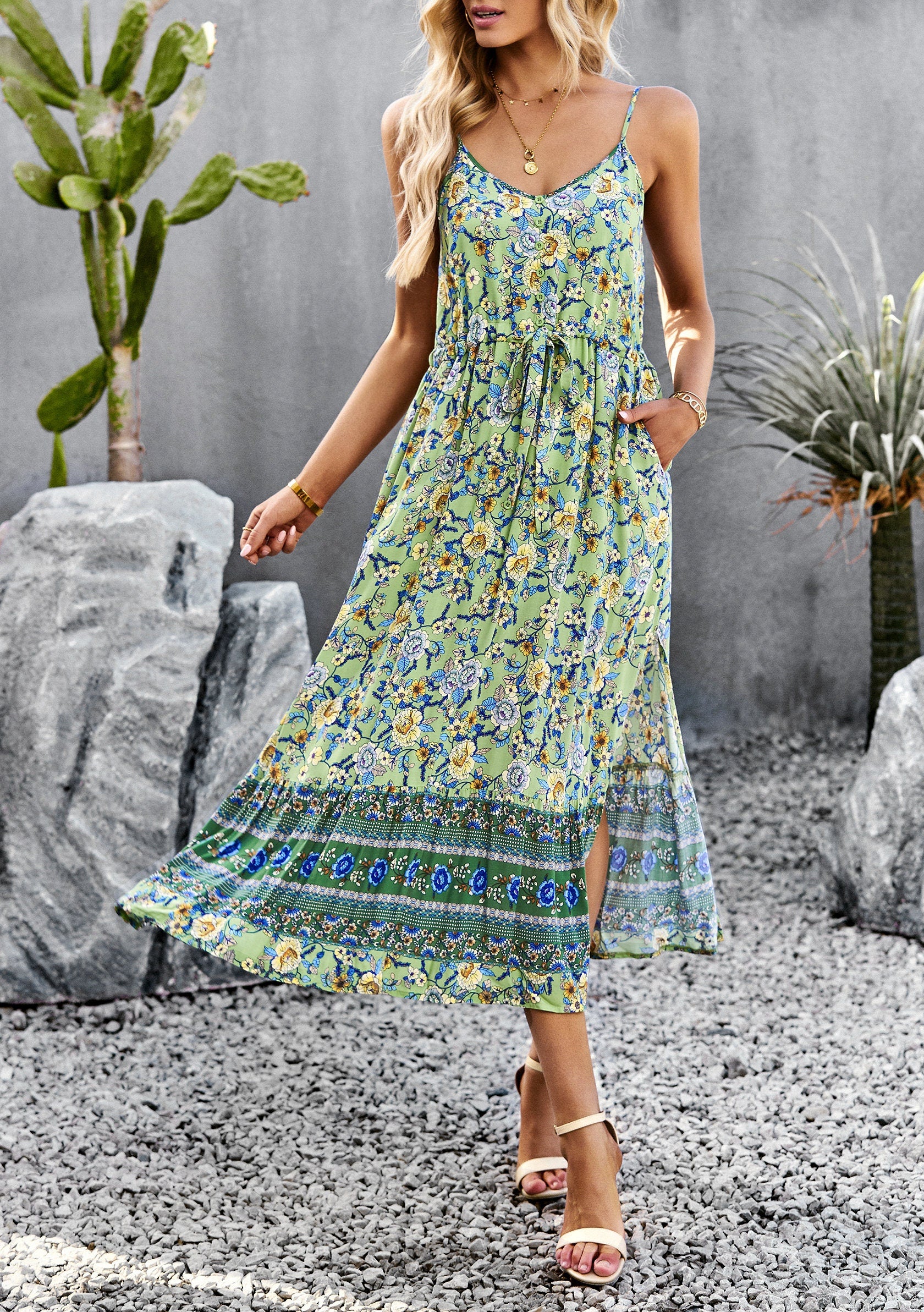 Bohemian Floral Print Midi Dress - Green Floral Boho Dresses for Women - Spring Dress - Summer Dress for women