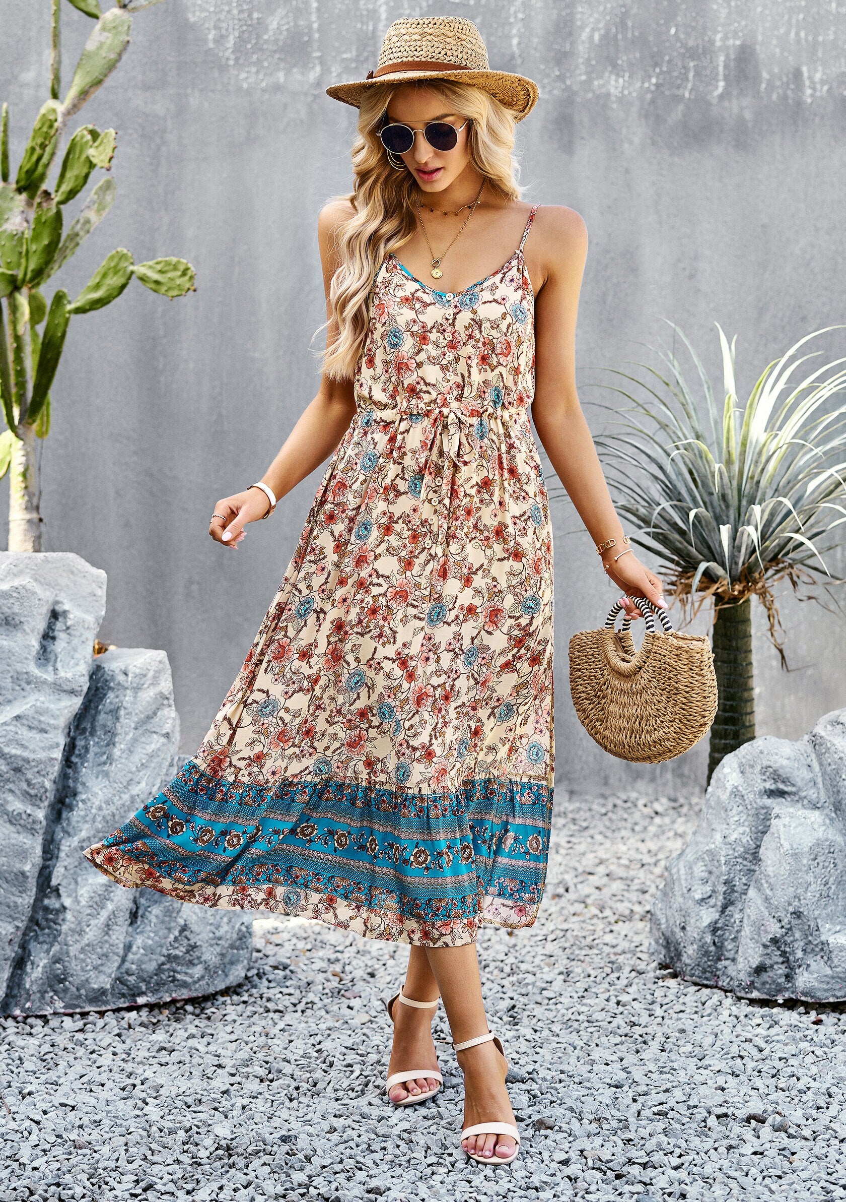Bohemian Floral Print Midi Dress - Floral Boho Dresses for Women - Spring Dress - Summer Dress for women