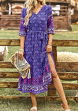 Bohemian Print Floral Midi Dress, Purple Floral Dress - Boho Dresses for Women - Spring Dress - Summer Dress for women - boho Fall dress