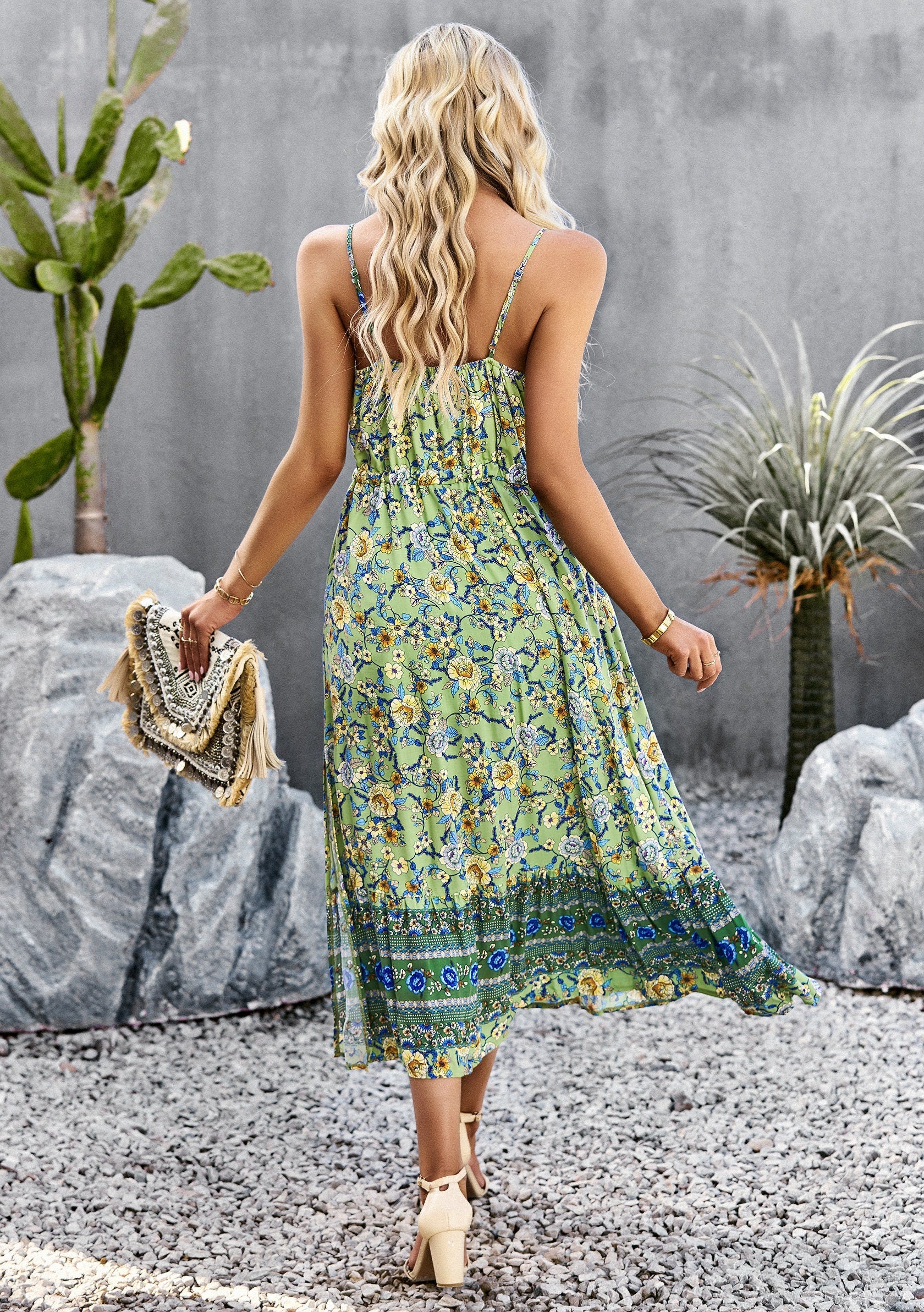 Bohemian Floral Print Midi Dress - Green Floral Boho Dresses for Women - Spring Dress - Summer Dress for women