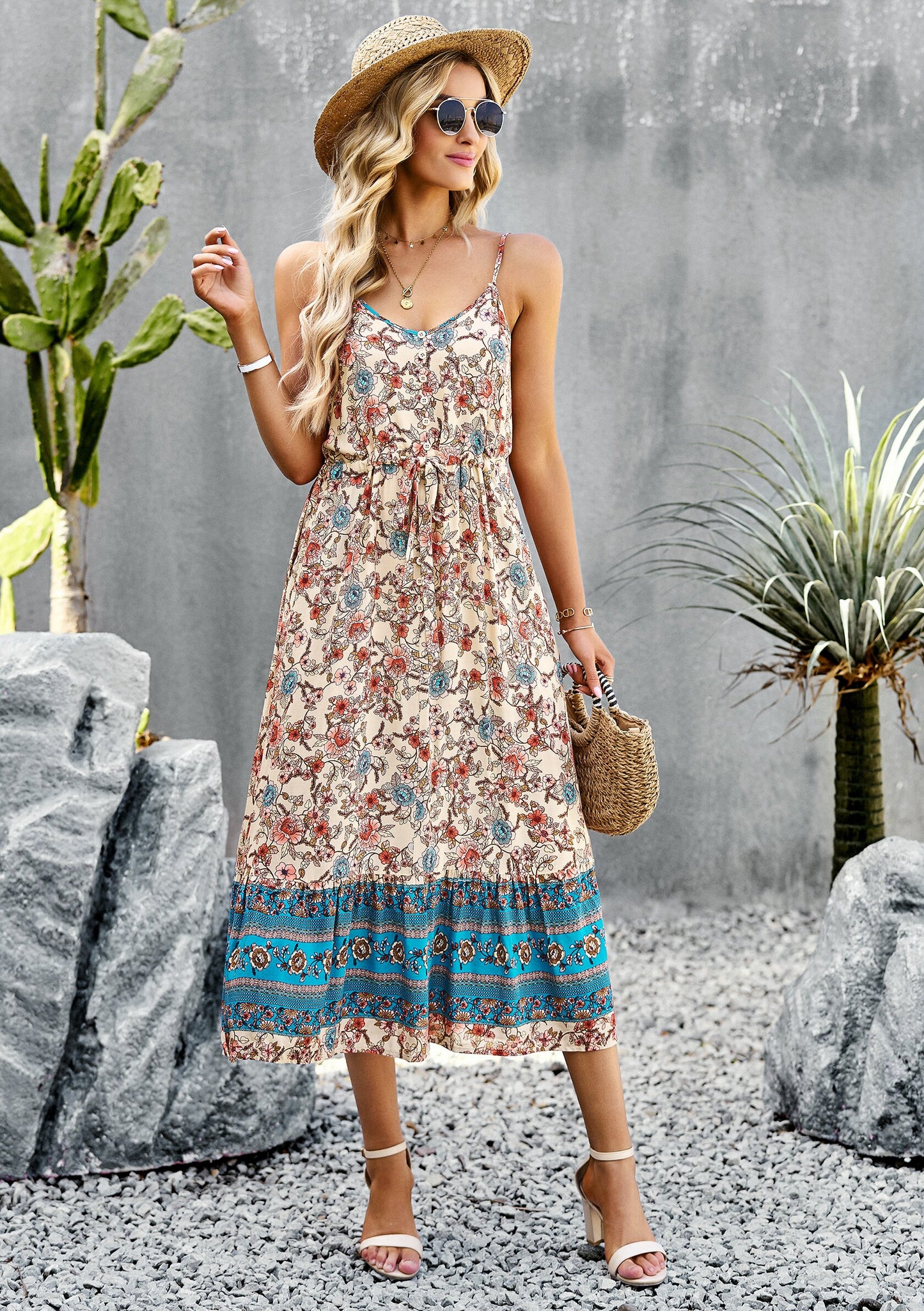 Bohemian Floral Print Midi Dress - Floral Boho Dresses for Women - Spring Dress - Summer Dress for women
