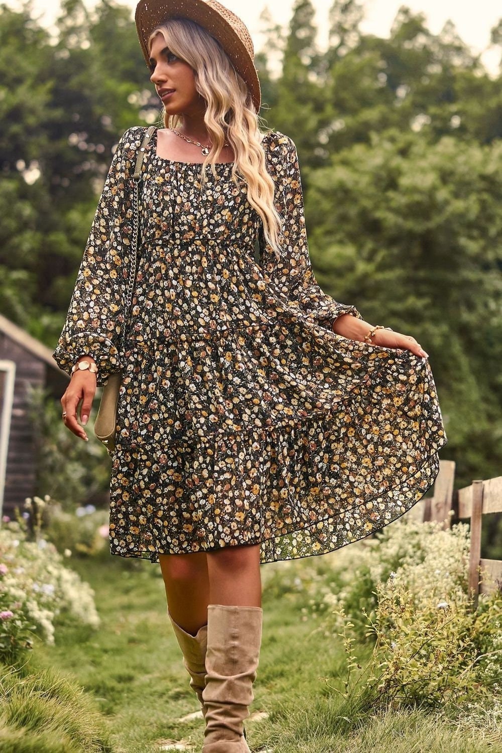 Fall Long Sleeve Spring Floral Tiered Dress, Bohemian Spring Dress, Tiered Floral Dress