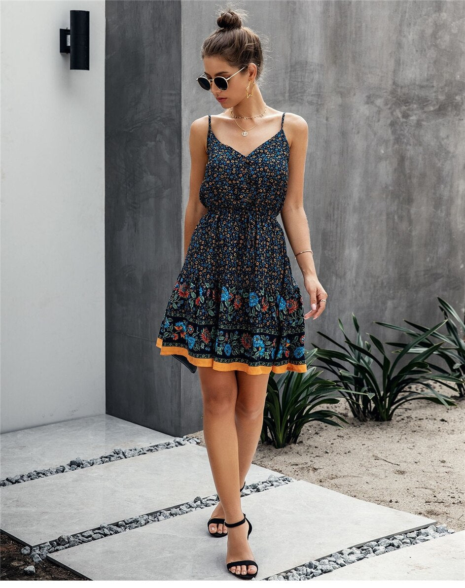 Estelle Floral Print Dress, Bohemian Summer Mini Dress