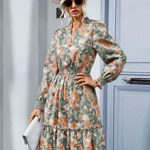 Spring Floral Print V-Neck Casual Dress 4