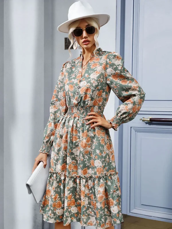 Spring Floral Print V-Neck Casual Dress 4