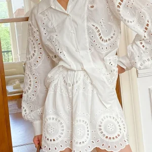 Elegant Chic French Shirt, Embroidered Hollow Out Shirt 4