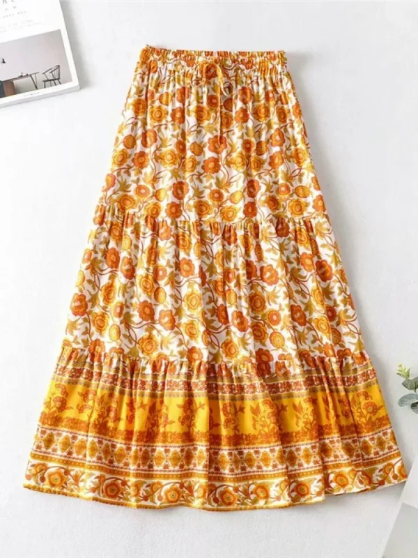 Vintage Yellow Floral Print Maxi Skirt 3