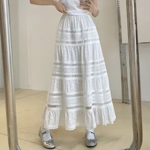 Embroidered White Cotton Eyelet Cut Maxi Skirt 6