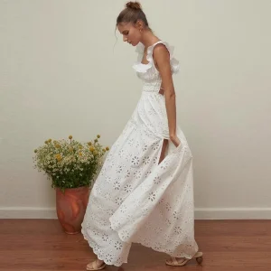 Embroidered White Dress, Ruffle Eyelet Hollow Out Dress 2