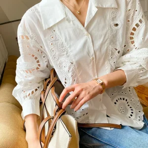 Elegant Chic French Shirt, Embroidered Hollow Out Shirt 2