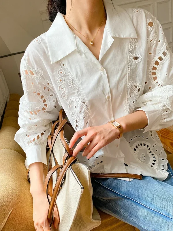 Elegant Chic French Shirt, Embroidered Hollow Out Shirt 2