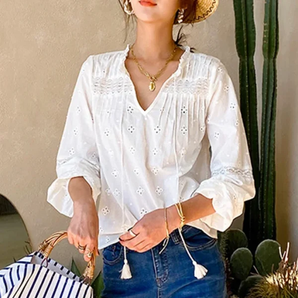 Cotton Floral Embroidery White Lace Blouse, Bohemian Summer Shirt 1